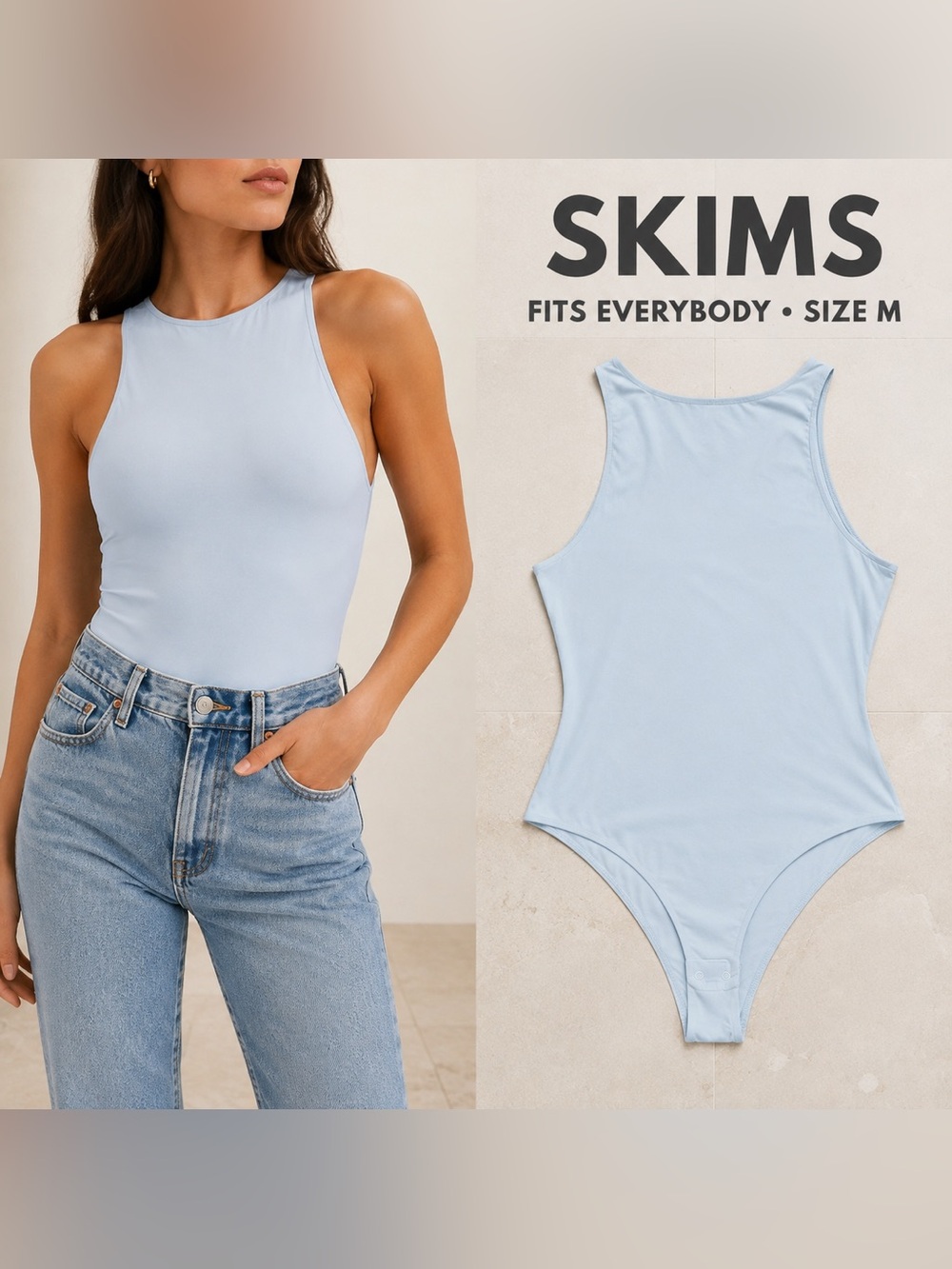 SKIMS Fits Everybody High Neck Thong Bodysuit Blue Size M